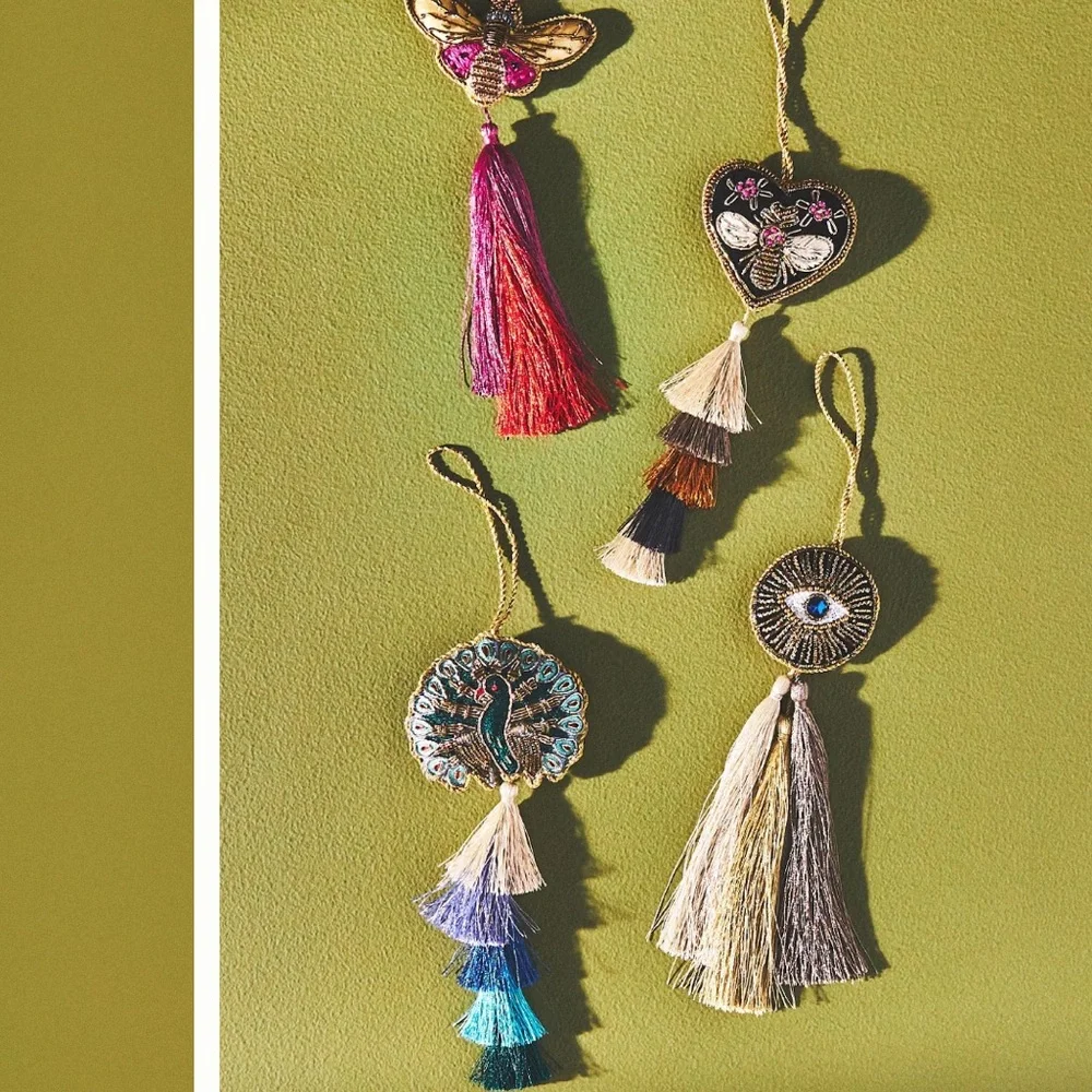 Lucky Peacocks blue gradient embellished and beaded tassel ornament - Picture 2 of 6